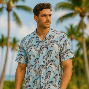 Nickel &‎ Iron Hawaiian Shirt Tropical Leaf Print Button Up Casual XXL